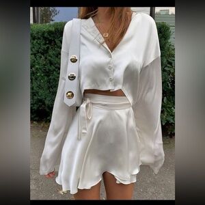 Satin Raw Hem Tied Two Piece Skirt Set